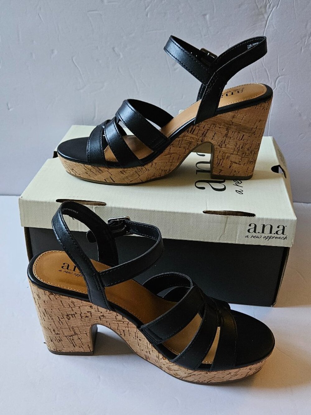 a.n.a Black Strappy Cork Platform Sandals Size 7.5